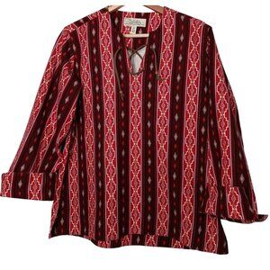 Vintage Cabelas Womens M Flannel Shirt Red Southwest Aztec Lace Up Long Sleeve
